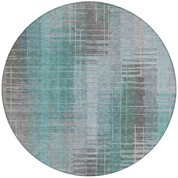 8' Pale Aqua And Gray Round Striped Washable Indoor Outdoor Area Rug