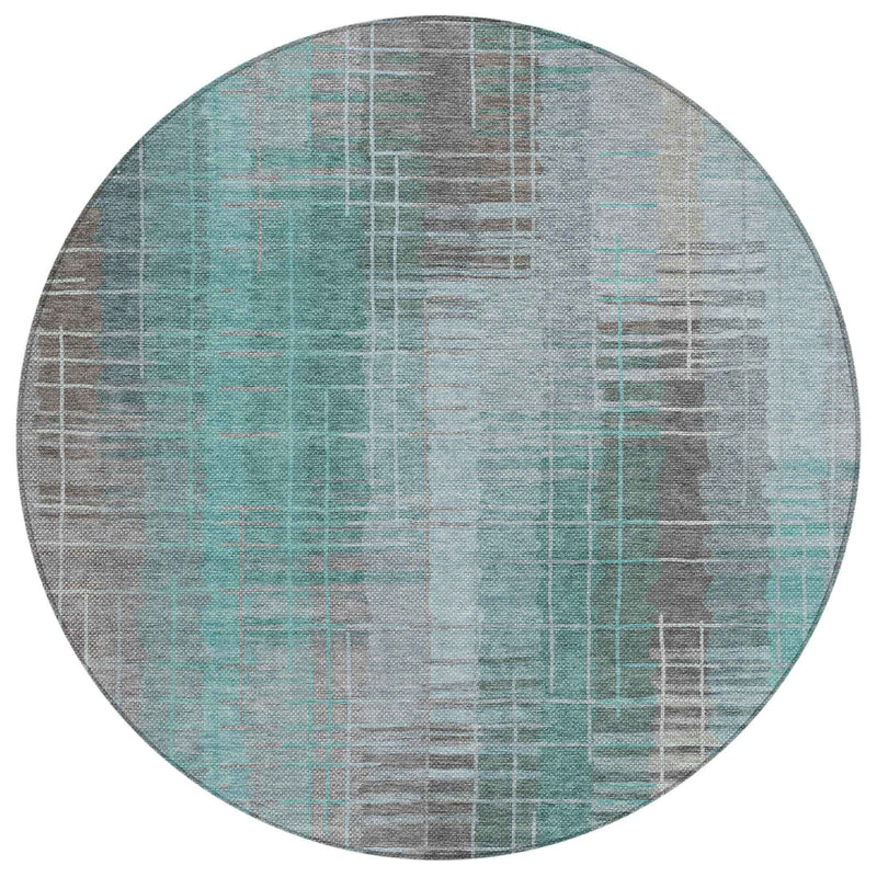 8' Pale Aqua And Gray Round Striped Washable Indoor Outdoor Area Rug