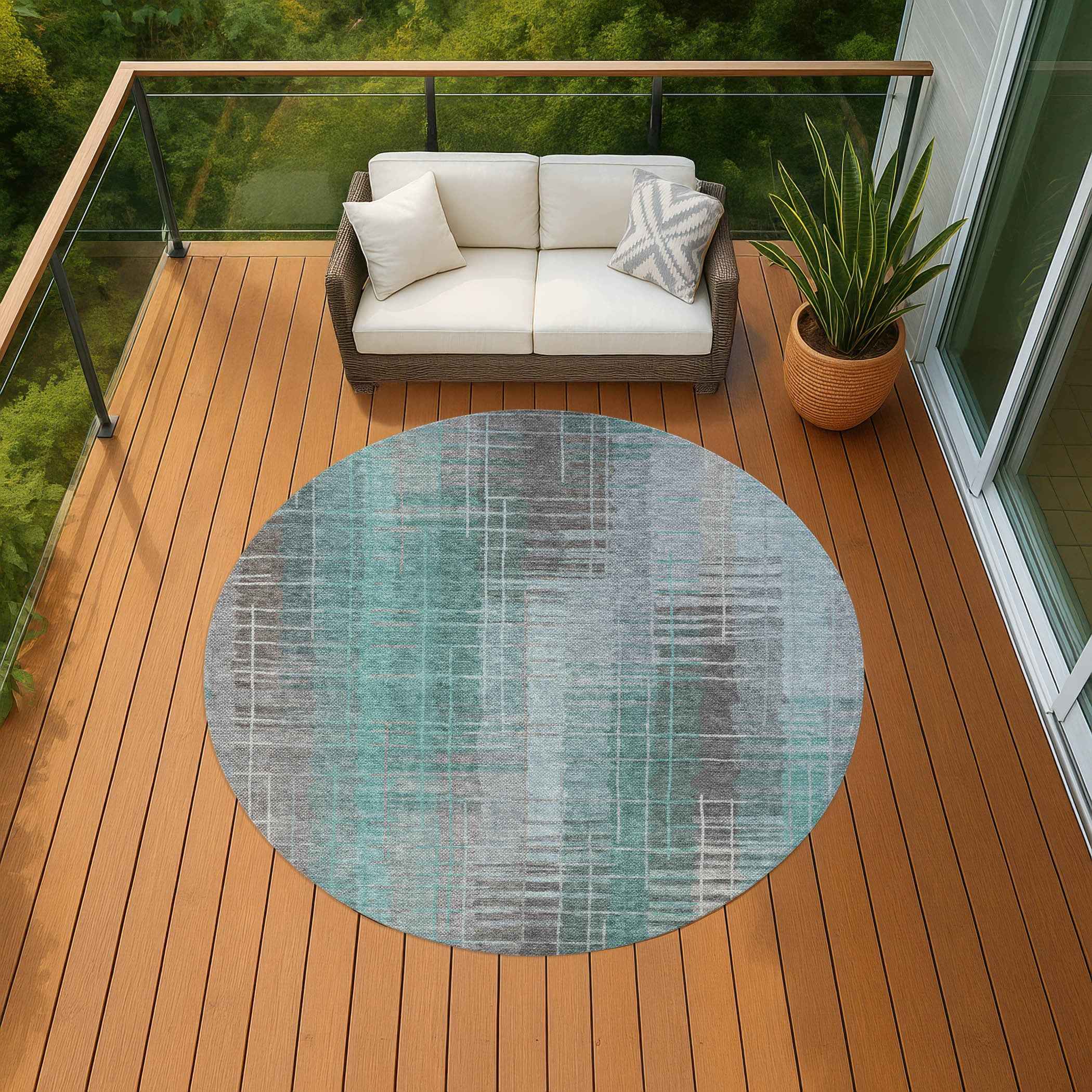 8' Pale Aqua And Gray Round Striped Washable Indoor Outdoor Area Rug