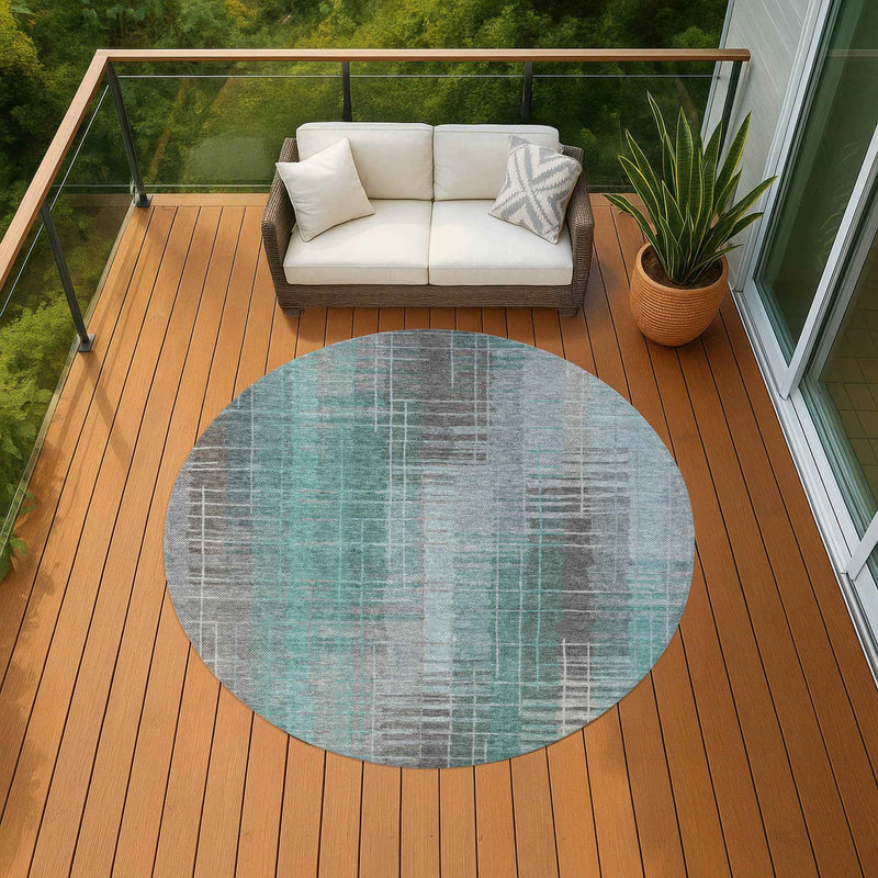 8' Pale Aqua And Gray Round Striped Washable Indoor Outdoor Area Rug