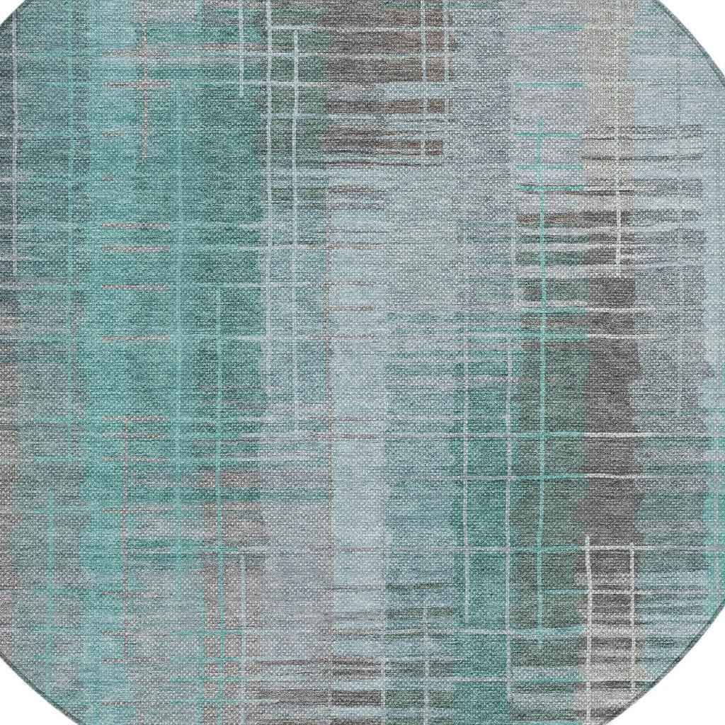 8' Pale Aqua And Gray Round Striped Washable Indoor Outdoor Area Rug