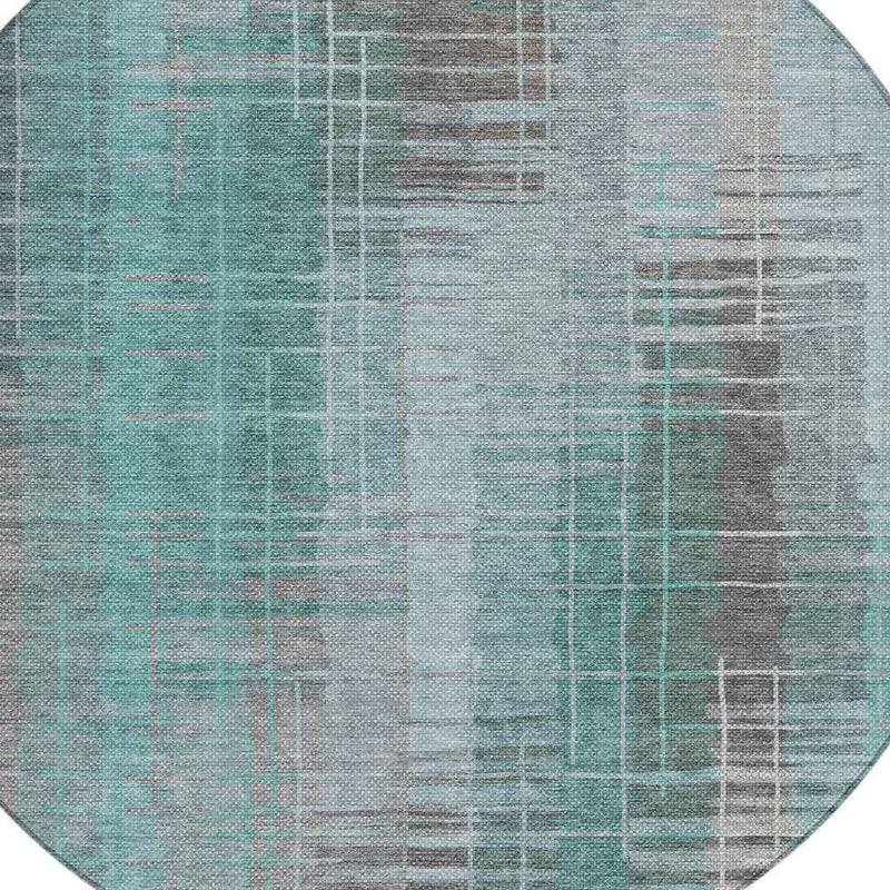 8' Pale Aqua And Gray Round Striped Washable Indoor Outdoor Area Rug