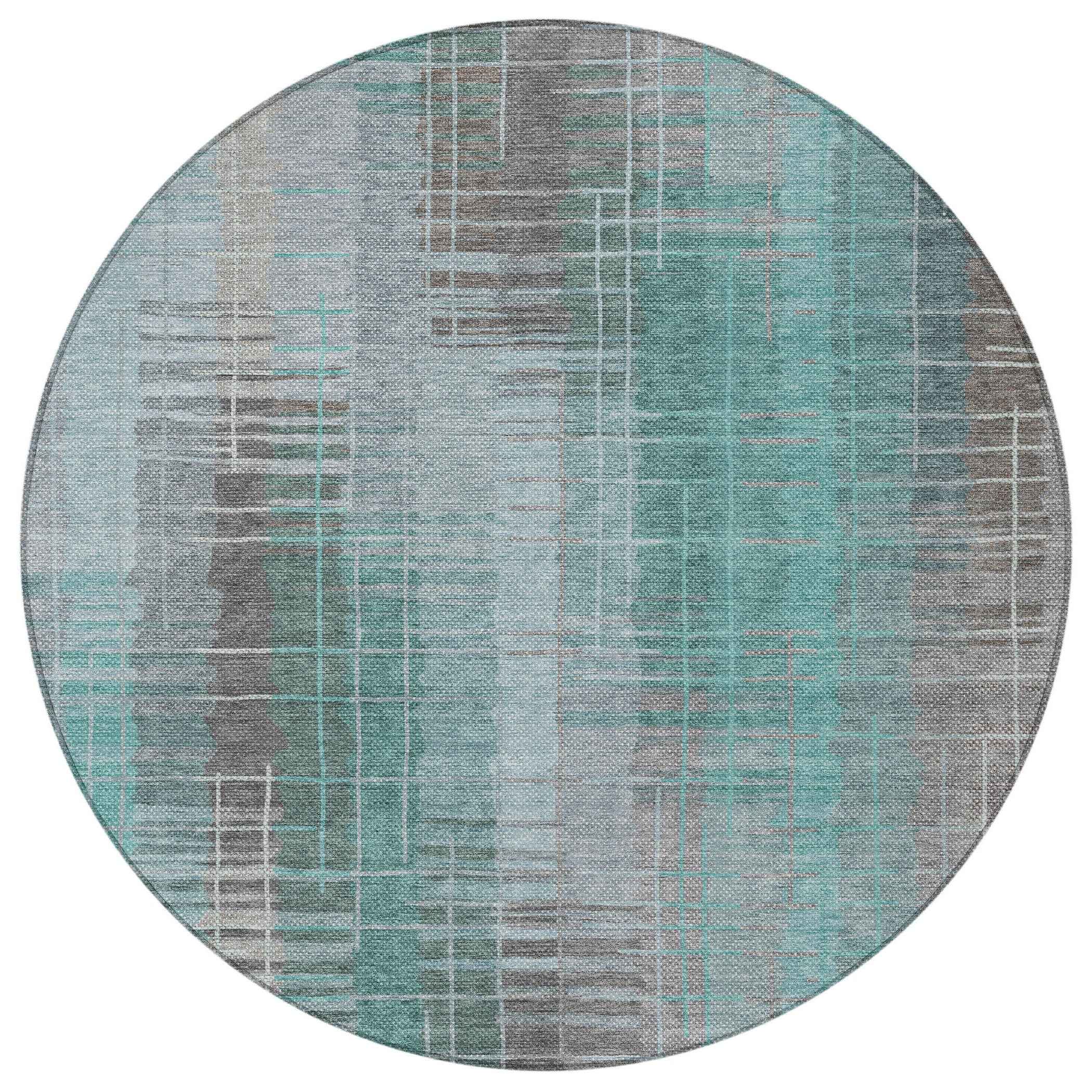8' Pale Aqua And Gray Round Striped Washable Indoor Outdoor Area Rug
