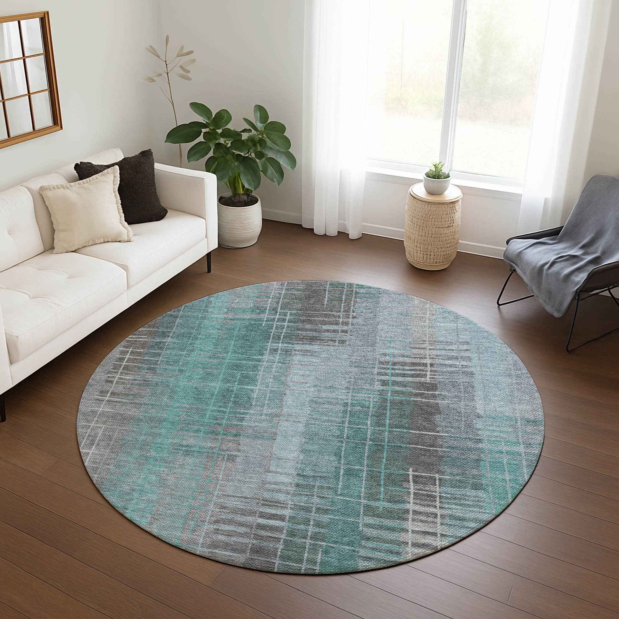 8' Pale Aqua And Gray Round Striped Washable Indoor Outdoor Area Rug