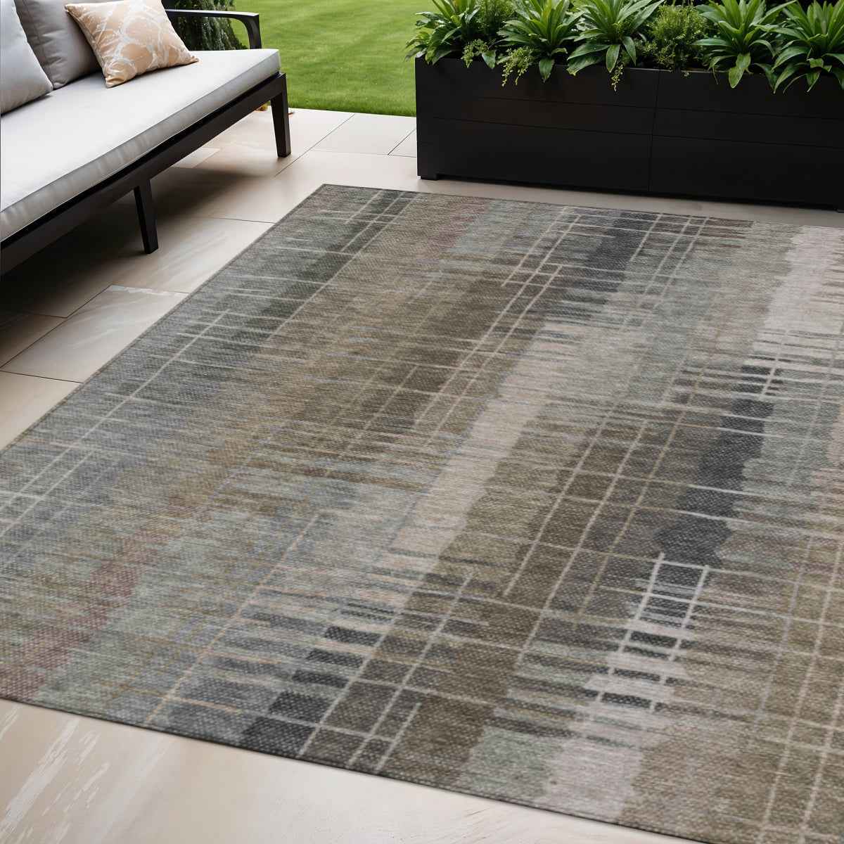 5' X 8' Brown And Gray Striped Washable Indoor Outdoor Area Rug