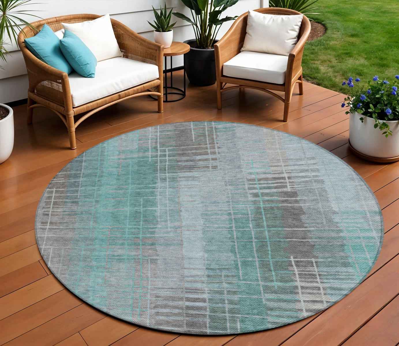 8' Pale Aqua And Gray Round Striped Washable Indoor Outdoor Area Rug