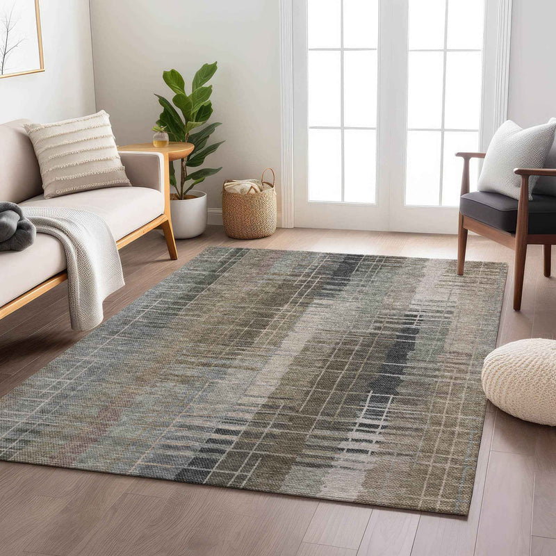 5' X 8' Brown And Gray Striped Washable Indoor Outdoor Area Rug