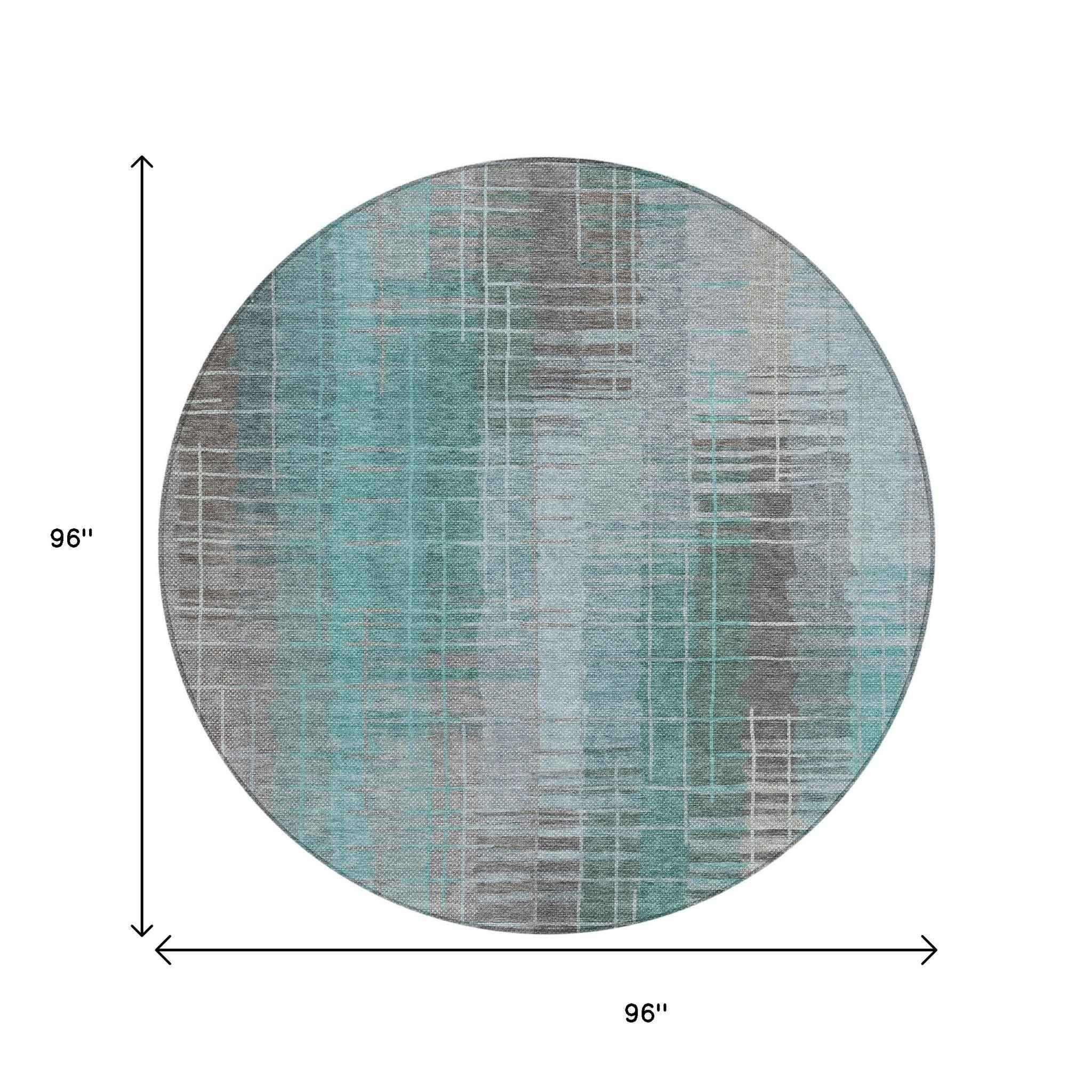8' Pale Aqua And Gray Round Striped Washable Indoor Outdoor Area Rug