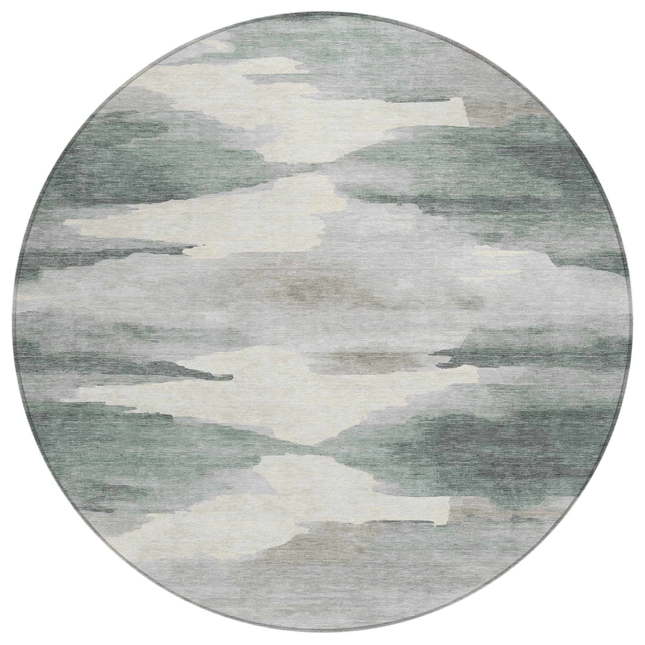 8' Sage And Ivory Round Abstract Washable Indoor Outdoor Area Rug