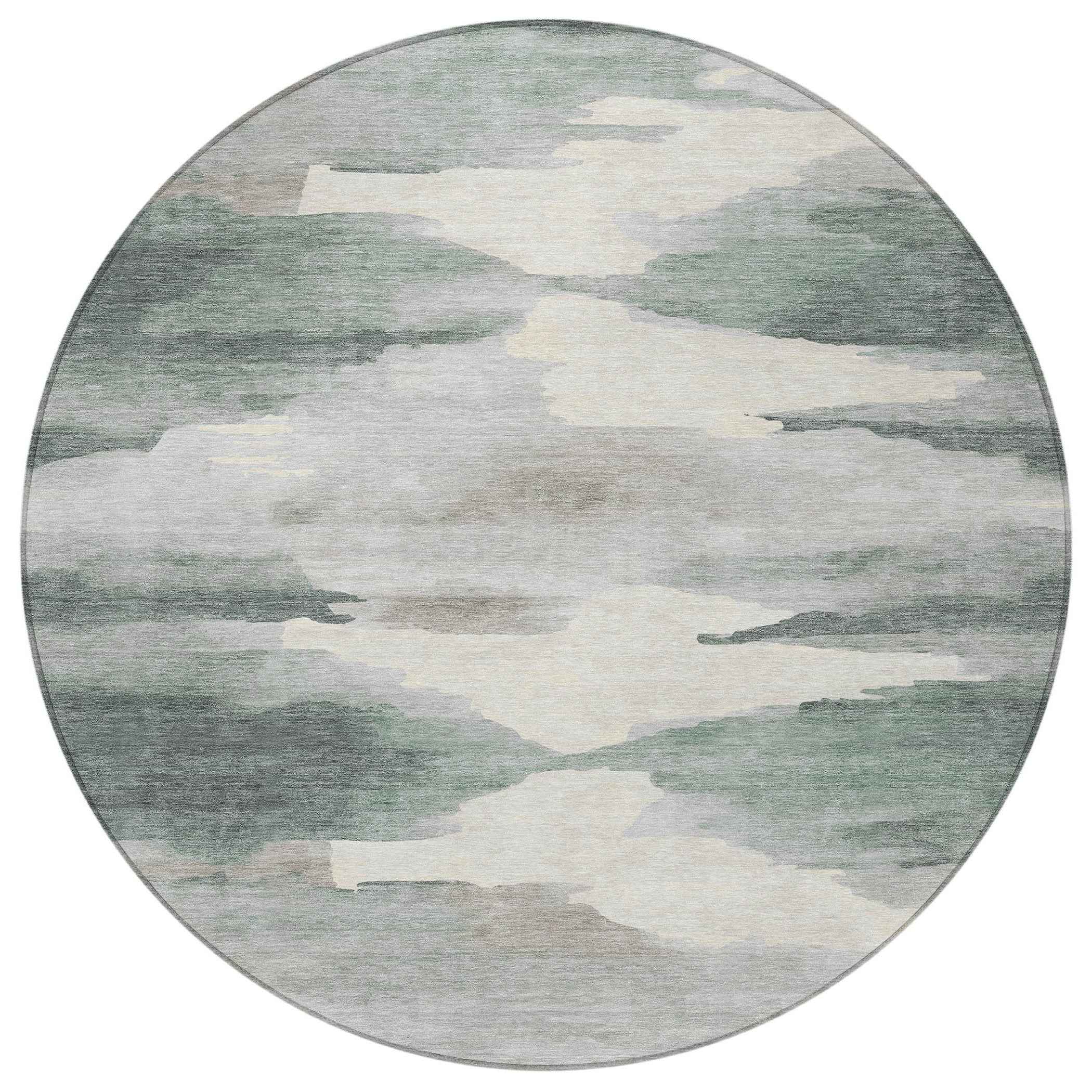 8' Sage And Ivory Round Abstract Washable Indoor Outdoor Area Rug