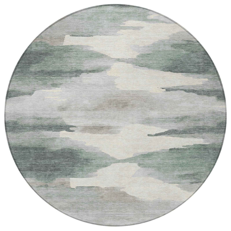 8' Sage And Ivory Round Abstract Washable Indoor Outdoor Area Rug