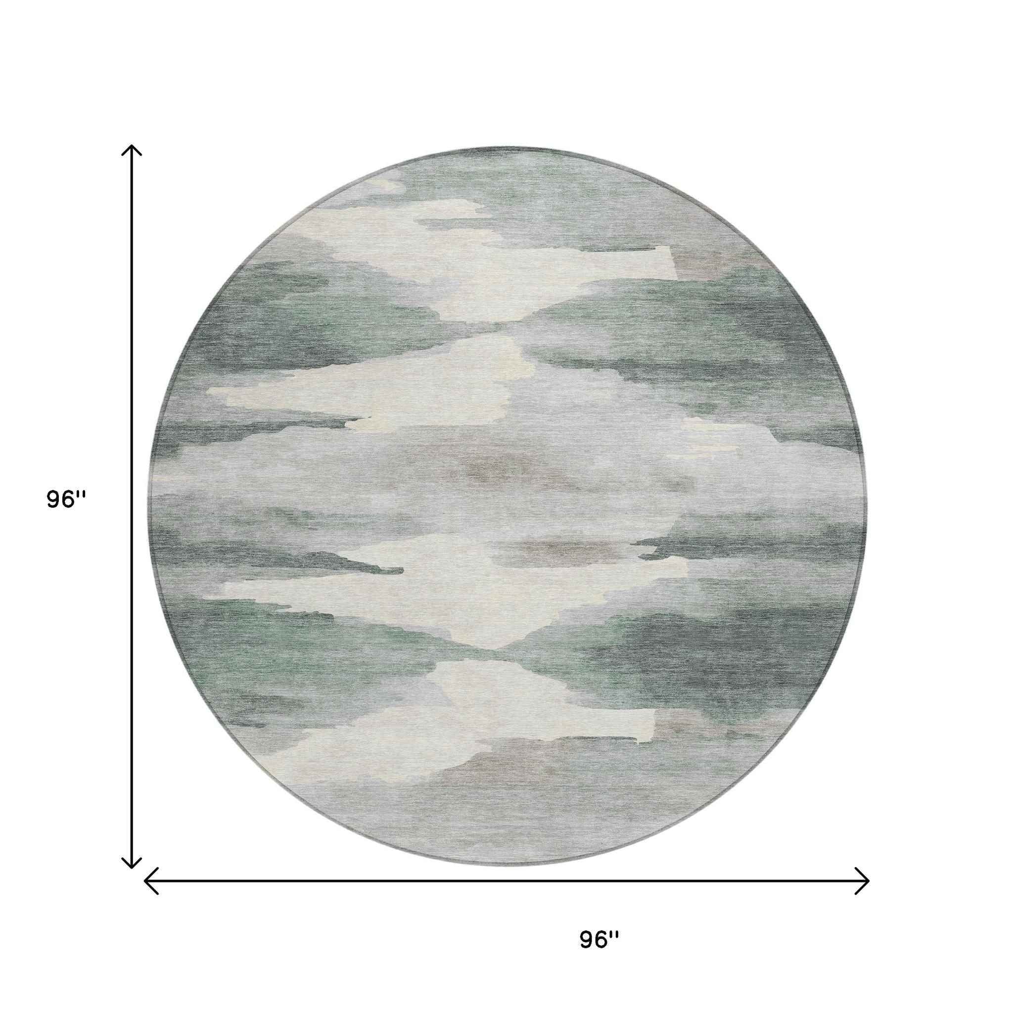 8' Sage And Ivory Round Abstract Washable Indoor Outdoor Area Rug