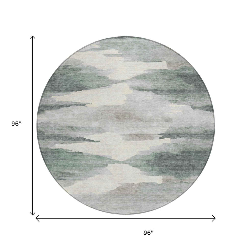 8' Sage And Ivory Round Abstract Washable Indoor Outdoor Area Rug