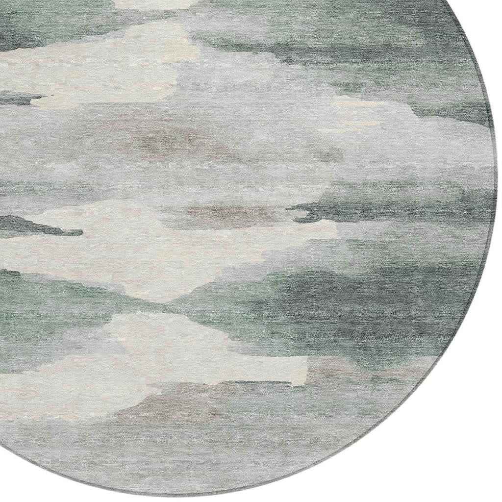 8' Sage And Ivory Round Abstract Washable Indoor Outdoor Area Rug