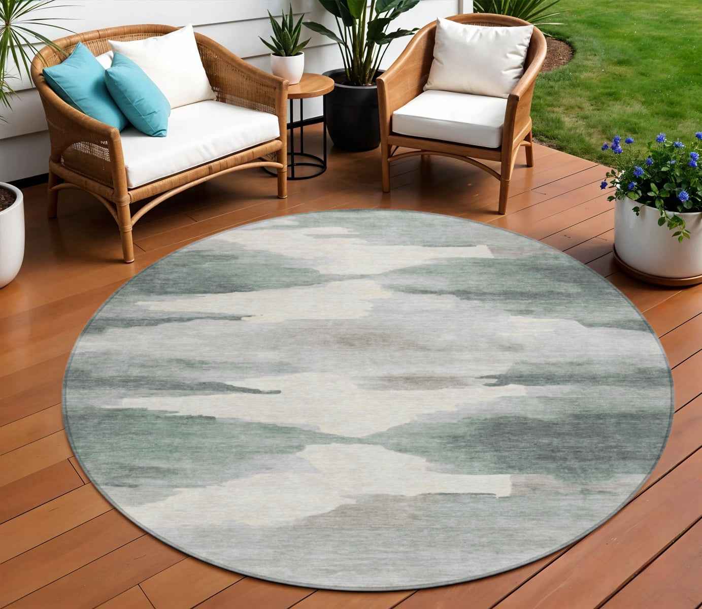 8' Sage And Ivory Round Abstract Washable Indoor Outdoor Area Rug