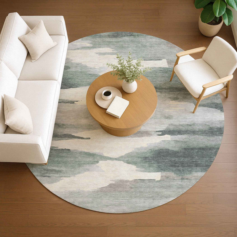 8' Sage And Ivory Round Abstract Washable Indoor Outdoor Area Rug
