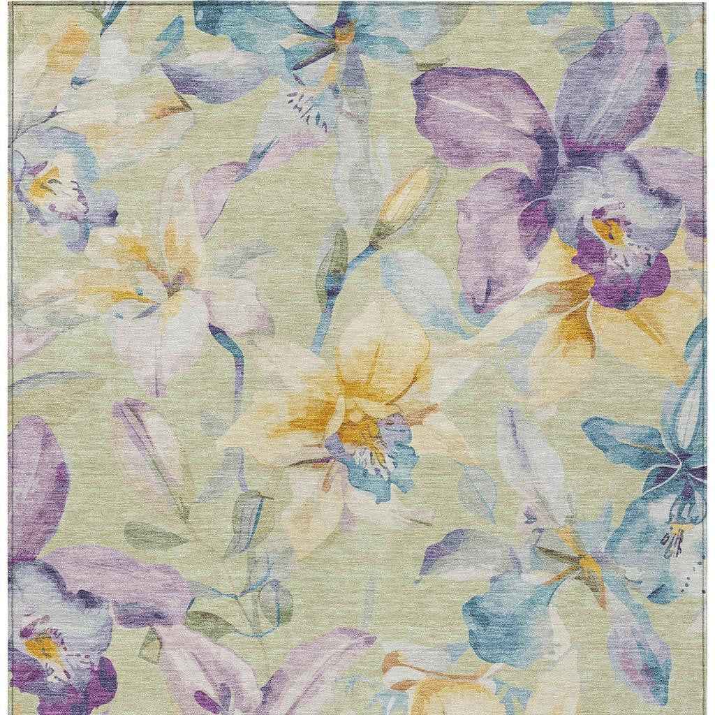 8' X 10' Artichoke Green Gold And Lavender Floral Washable Indoor Outdoor Area Rug