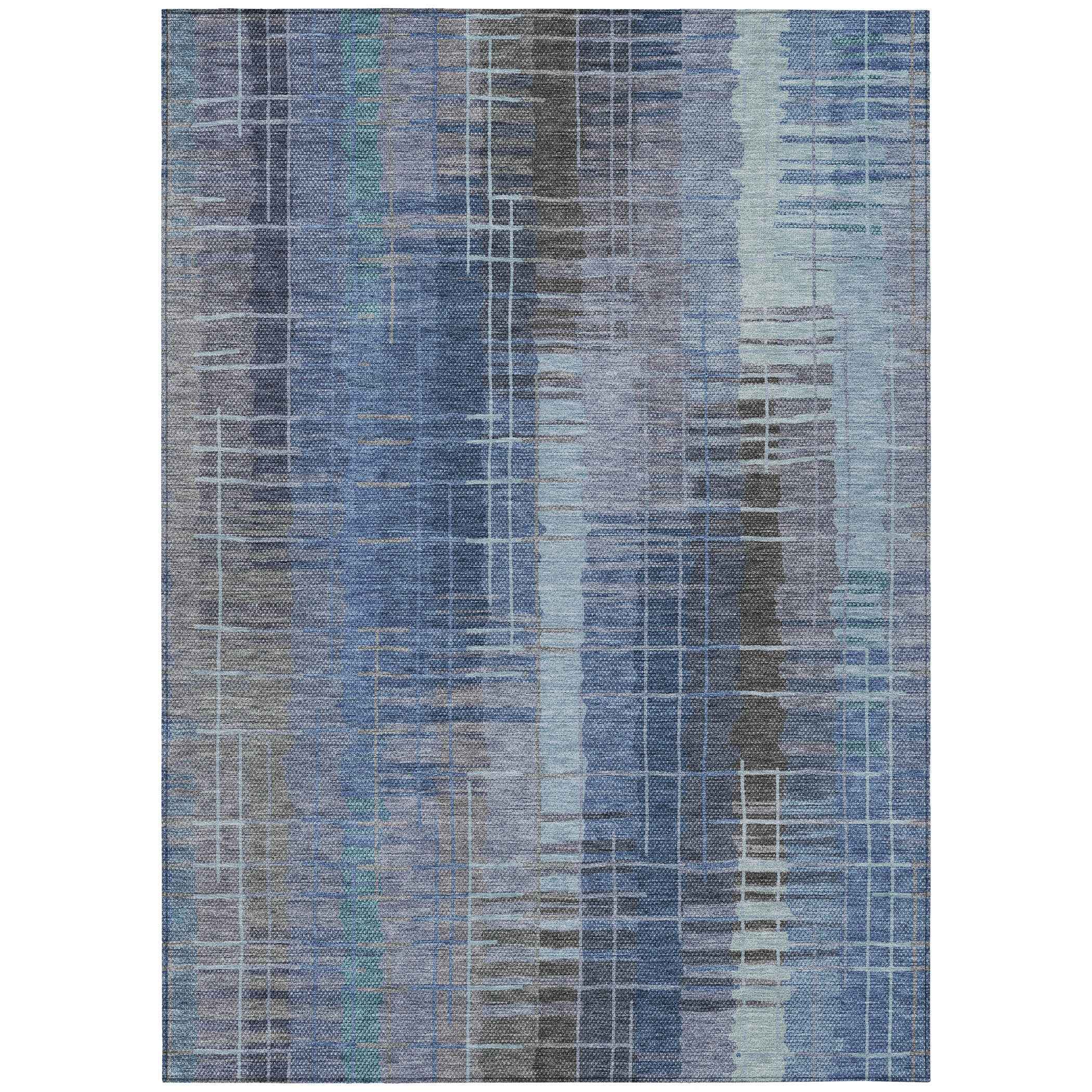 9' X 12' Denim Blue And Sky Blue Striped Washable Indoor Outdoor Area Rug