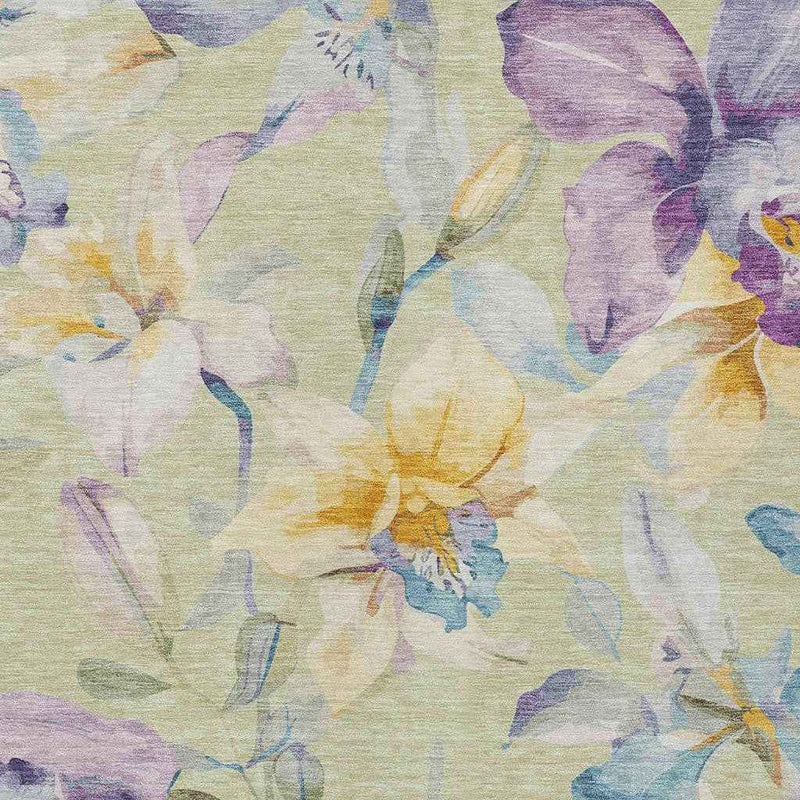 8' X 10' Artichoke Green Gold And Lavender Floral Washable Indoor Outdoor Area Rug