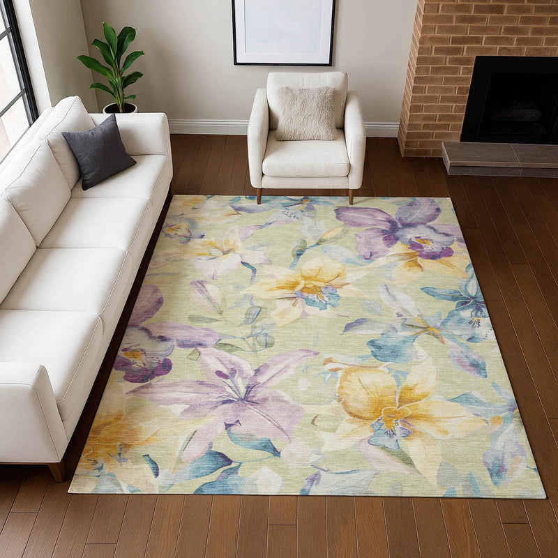 8' X 10' Artichoke Green Gold And Lavender Floral Washable Indoor Outdoor Area Rug