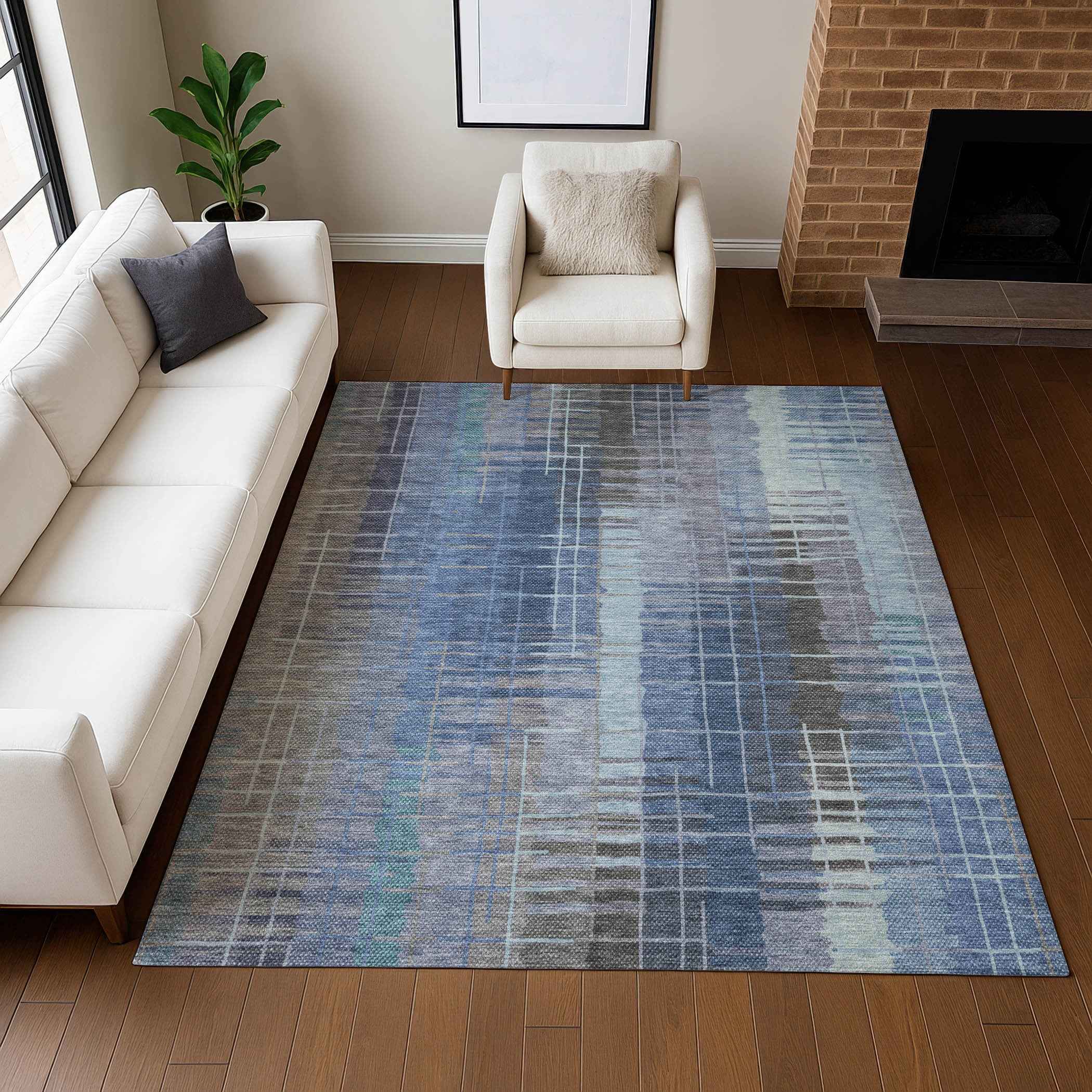 10' X 14' Denim Blue And Sky Blue Striped Washable Indoor Outdoor Area Rug