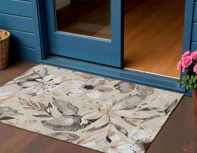 3' X 5' Beige Ivory And Gray Floral Washable Indoor Outdoor Area Rug