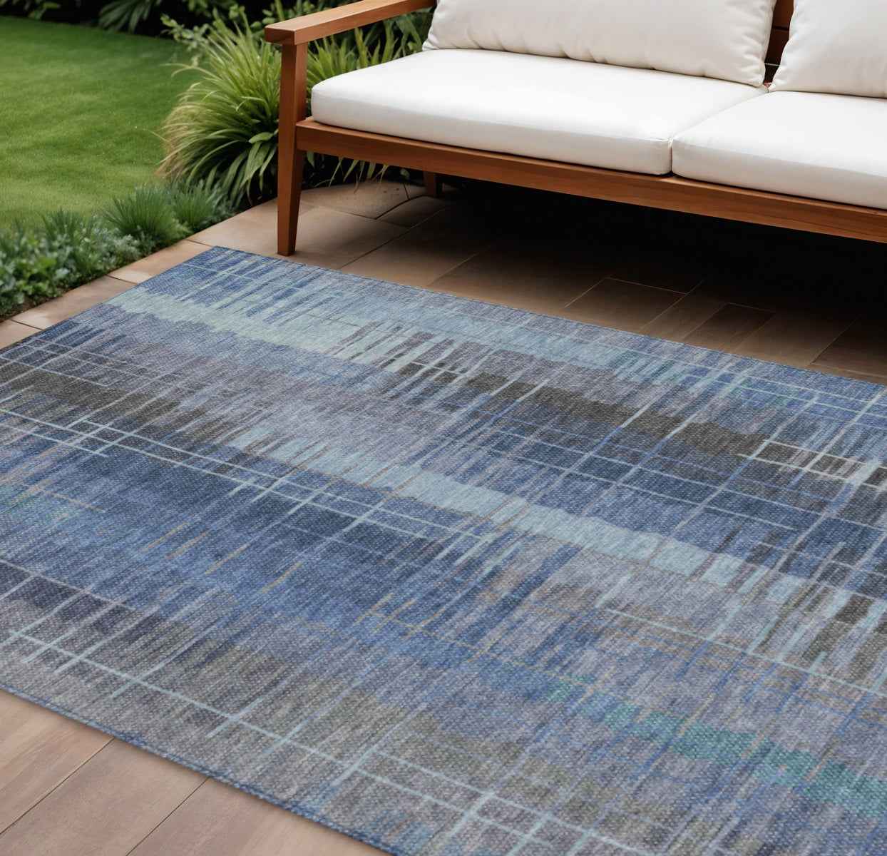 10' X 14' Denim Blue And Sky Blue Striped Washable Indoor Outdoor Area Rug
