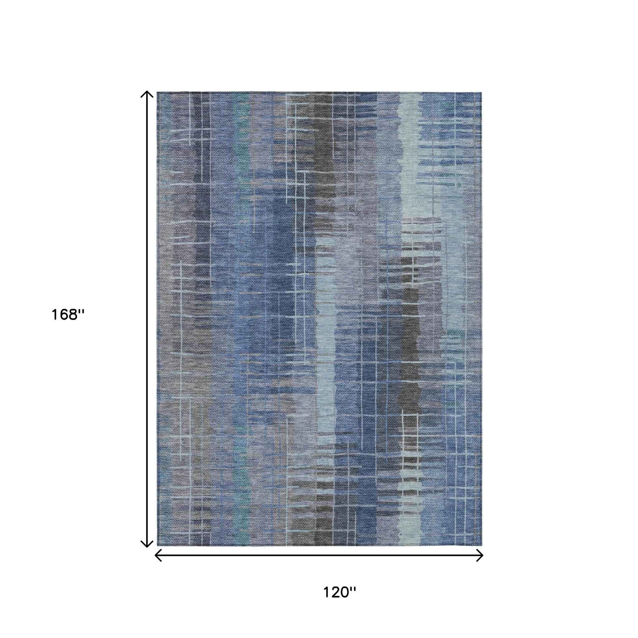 10' X 14' Denim Blue And Sky Blue Striped Washable Indoor Outdoor Area Rug