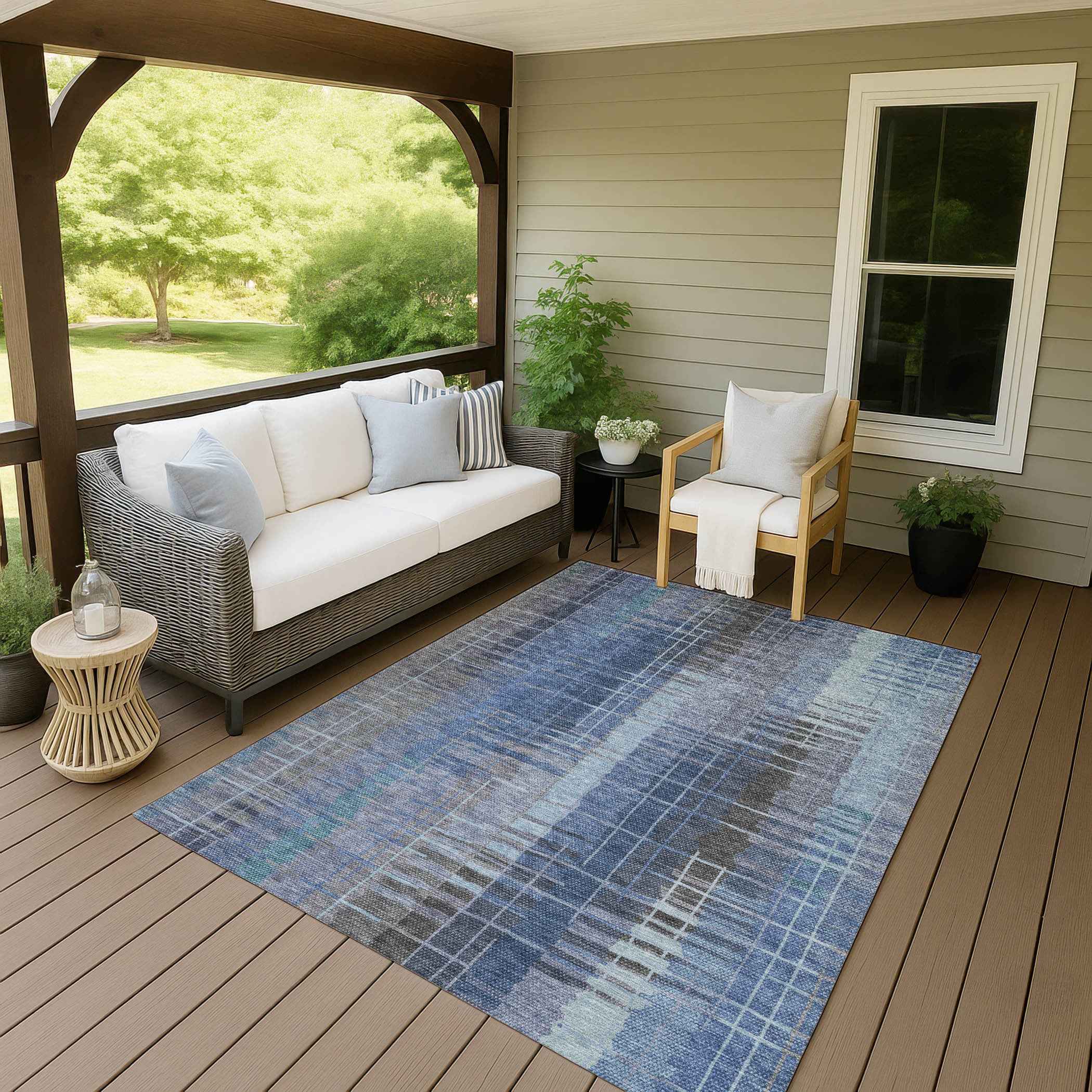 10' X 14' Denim Blue And Sky Blue Striped Washable Indoor Outdoor Area Rug