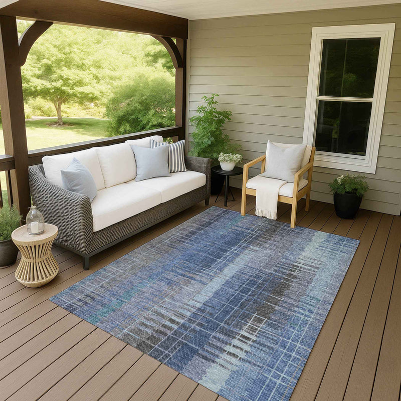 10' X 14' Denim Blue And Sky Blue Striped Washable Indoor Outdoor Area Rug