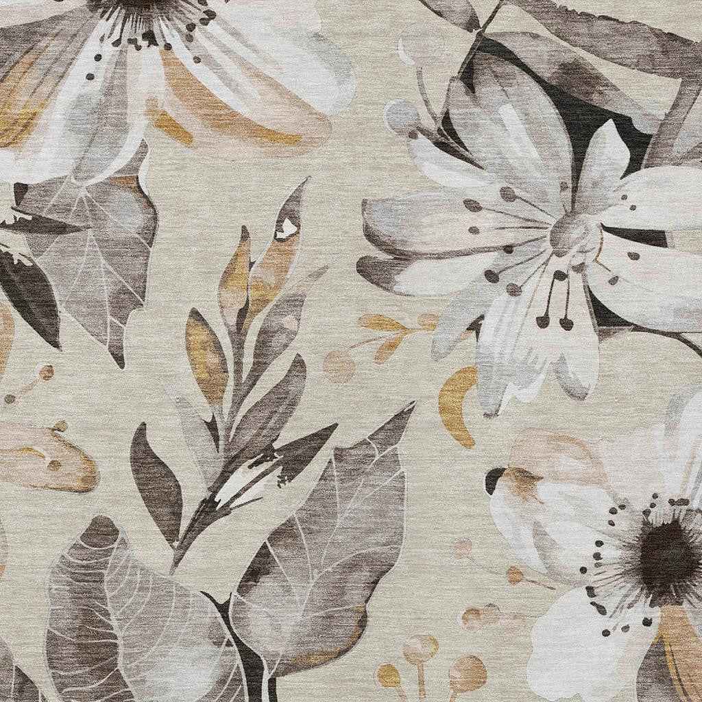 3' X 5' Beige Ivory And Gray Floral Washable Indoor Outdoor Area Rug