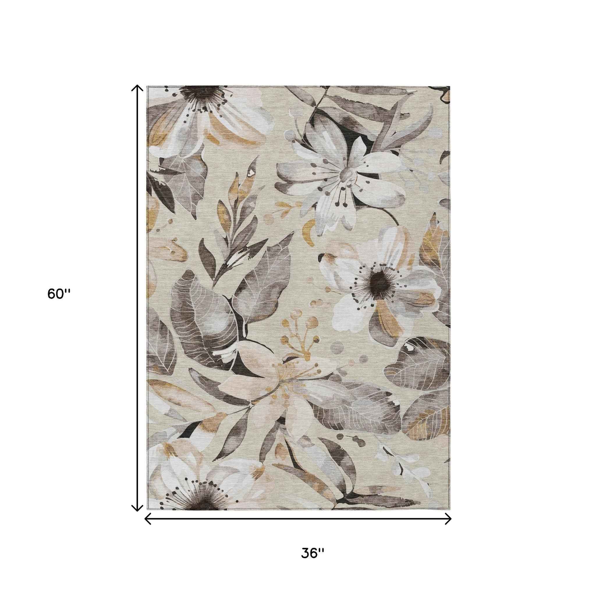 3' X 5' Beige Ivory And Gray Floral Washable Indoor Outdoor Area Rug