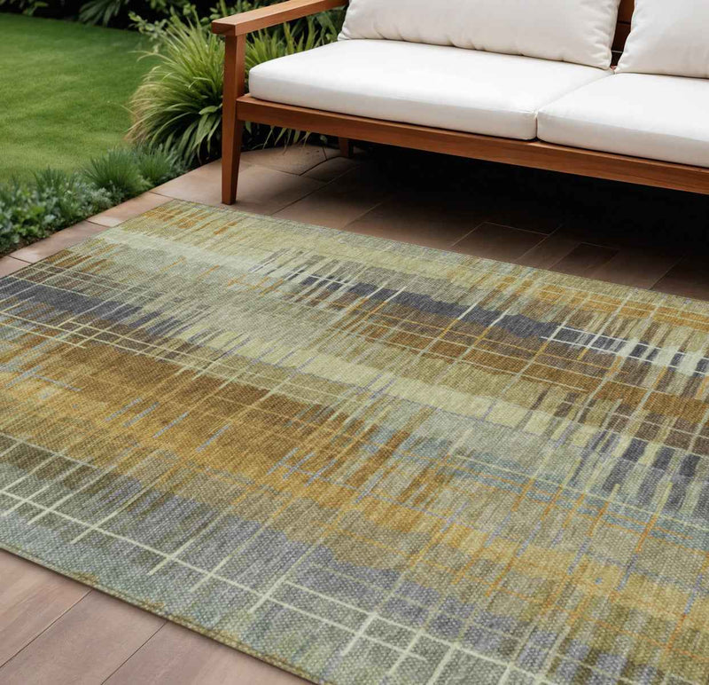 10' X 14' Artichoke Green And Gold Striped Washable Indoor Outdoor Area Rug