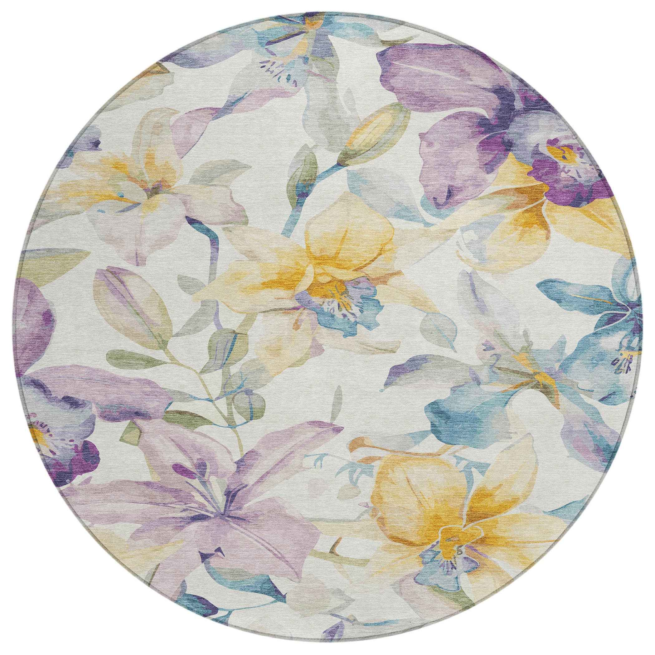 8' Ivory Gold And Lavender Round Floral Washable Indoor Outdoor Area Rug