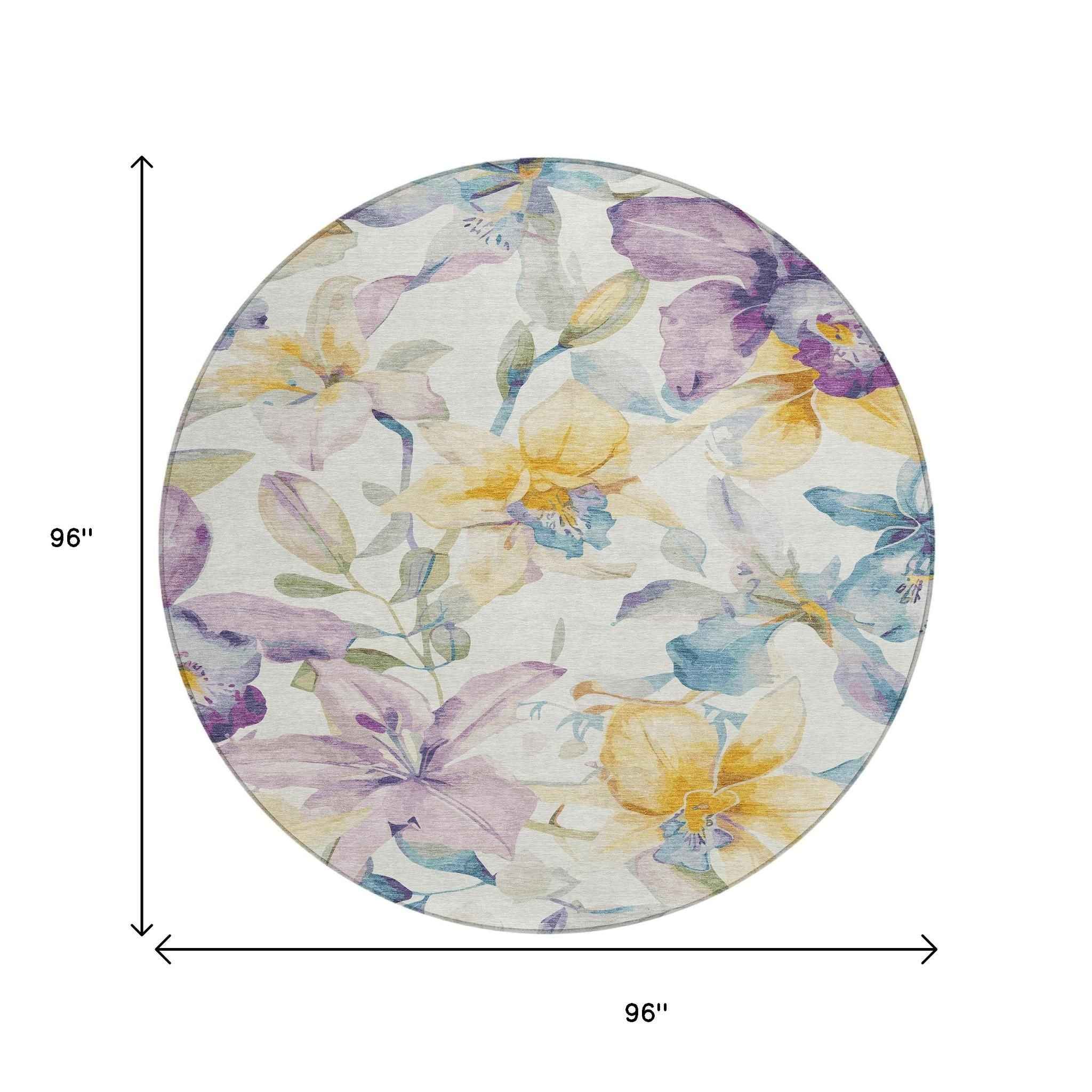 8' Ivory Gold And Lavender Round Floral Washable Indoor Outdoor Area Rug