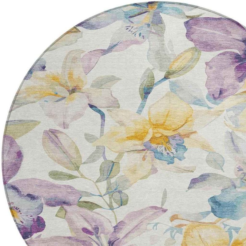 8' Ivory Gold And Lavender Round Floral Washable Indoor Outdoor Area Rug