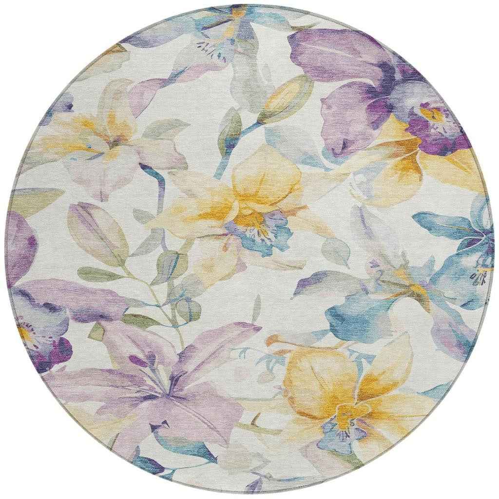 8' Ivory Gold And Lavender Round Floral Washable Indoor Outdoor Area Rug