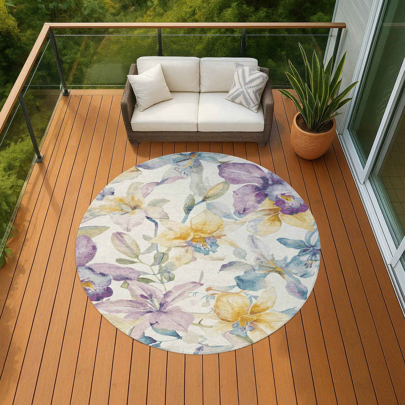 8' Ivory Gold And Lavender Round Floral Washable Indoor Outdoor Area Rug
