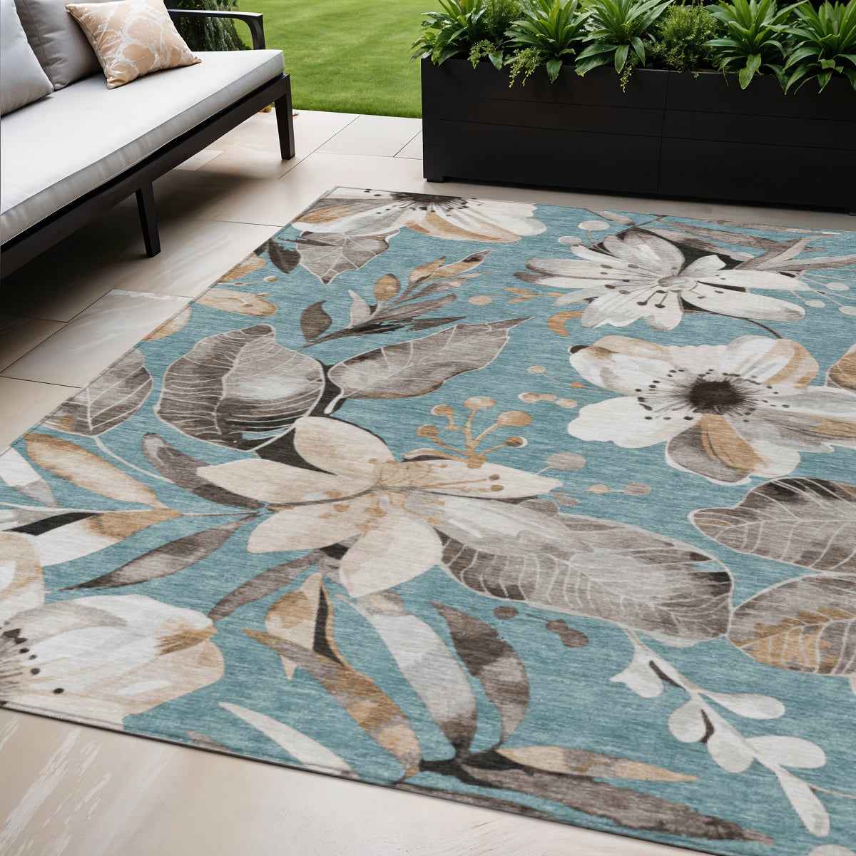 5' X 8' Teal Blue Ivory And Charcoal Floral Washable Indoor Outdoor Area Rug