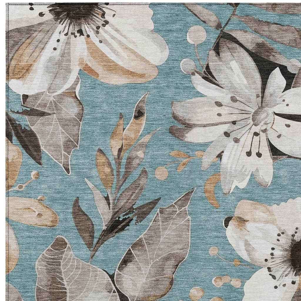5' X 8' Teal Blue Ivory And Charcoal Floral Washable Indoor Outdoor Area Rug