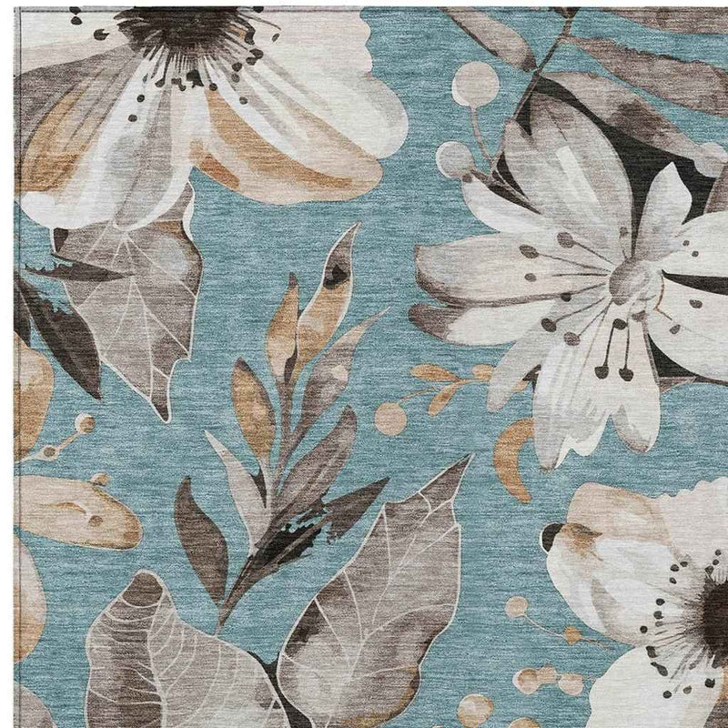 5' X 8' Teal Blue Ivory And Charcoal Floral Washable Indoor Outdoor Area Rug