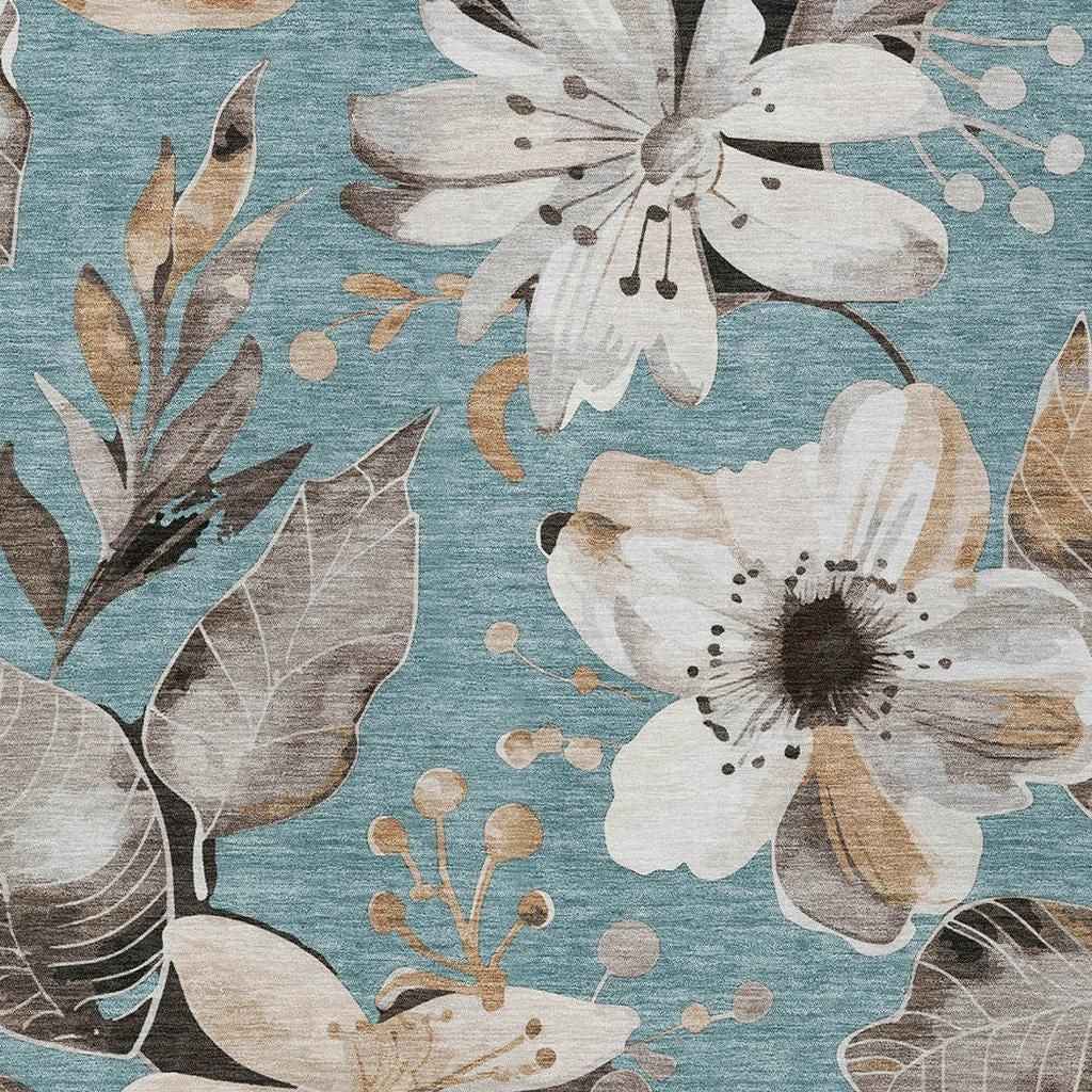 5' X 8' Teal Blue Ivory And Charcoal Floral Washable Indoor Outdoor Area Rug