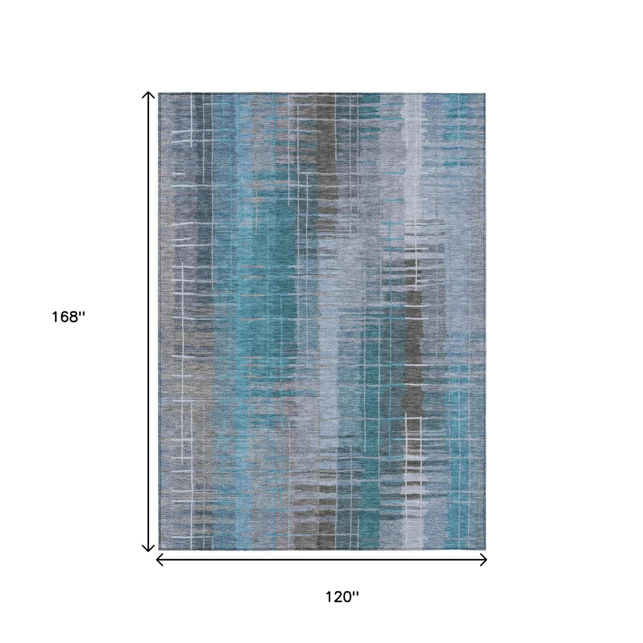 10' X 14' Teal Blue And Gray Striped Washable Indoor Outdoor Area Rug
