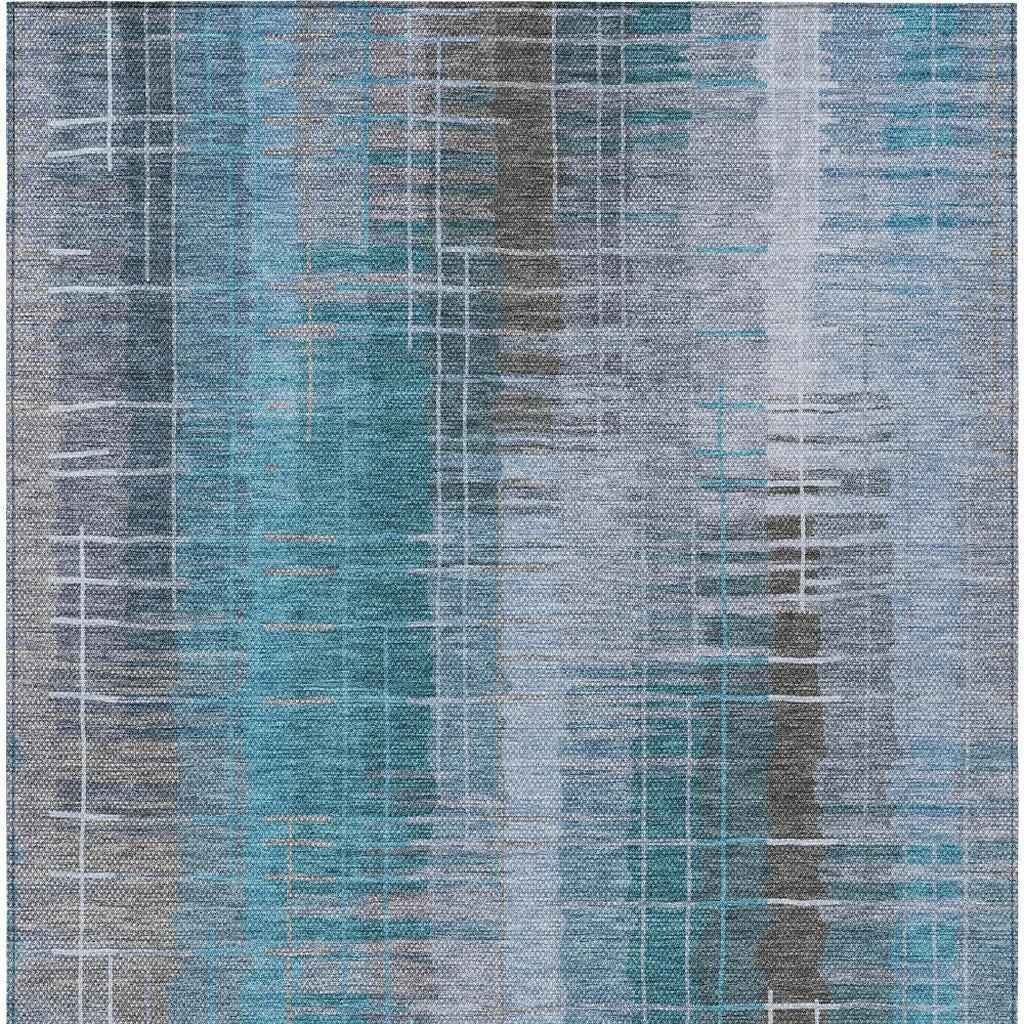 10' X 14' Teal Blue And Gray Striped Washable Indoor Outdoor Area Rug