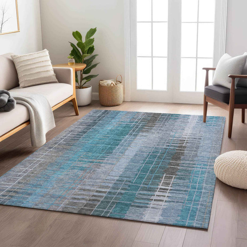 10' X 14' Teal Blue And Gray Striped Washable Indoor Outdoor Area Rug