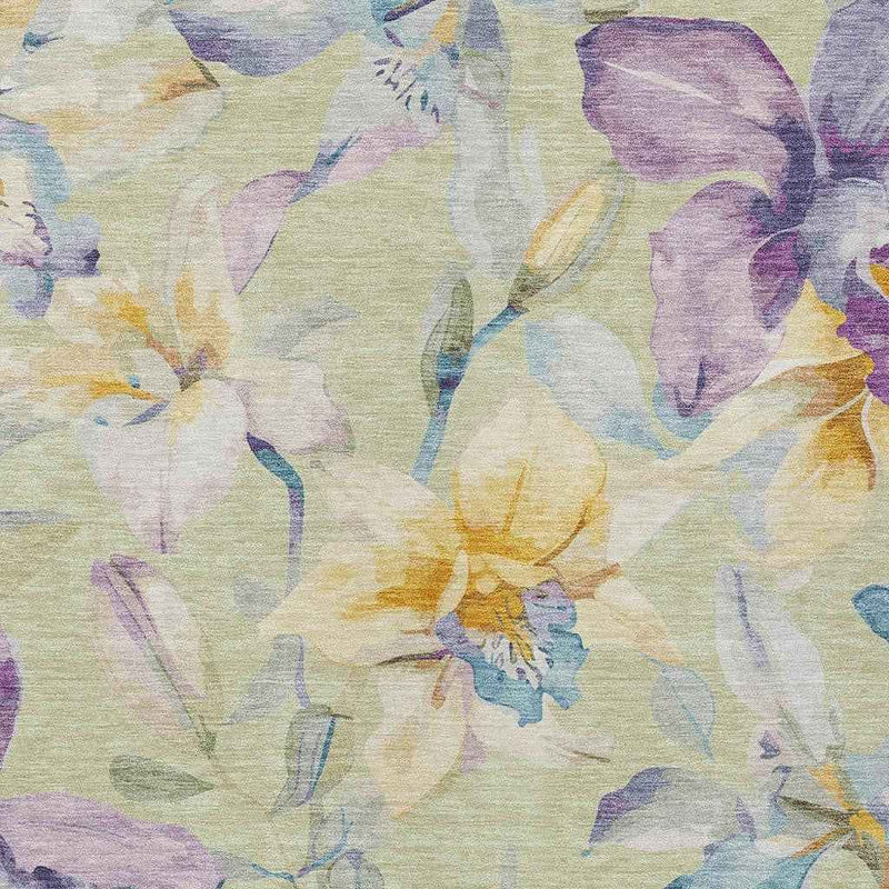 10' X 14' Artichoke Green Gold And Lavender Floral Washable Indoor Outdoor Area Rug