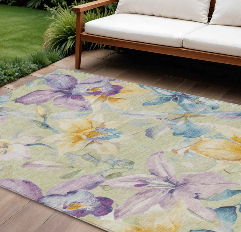 10' X 14' Artichoke Green Gold And Lavender Floral Washable Indoor Outdoor Area Rug