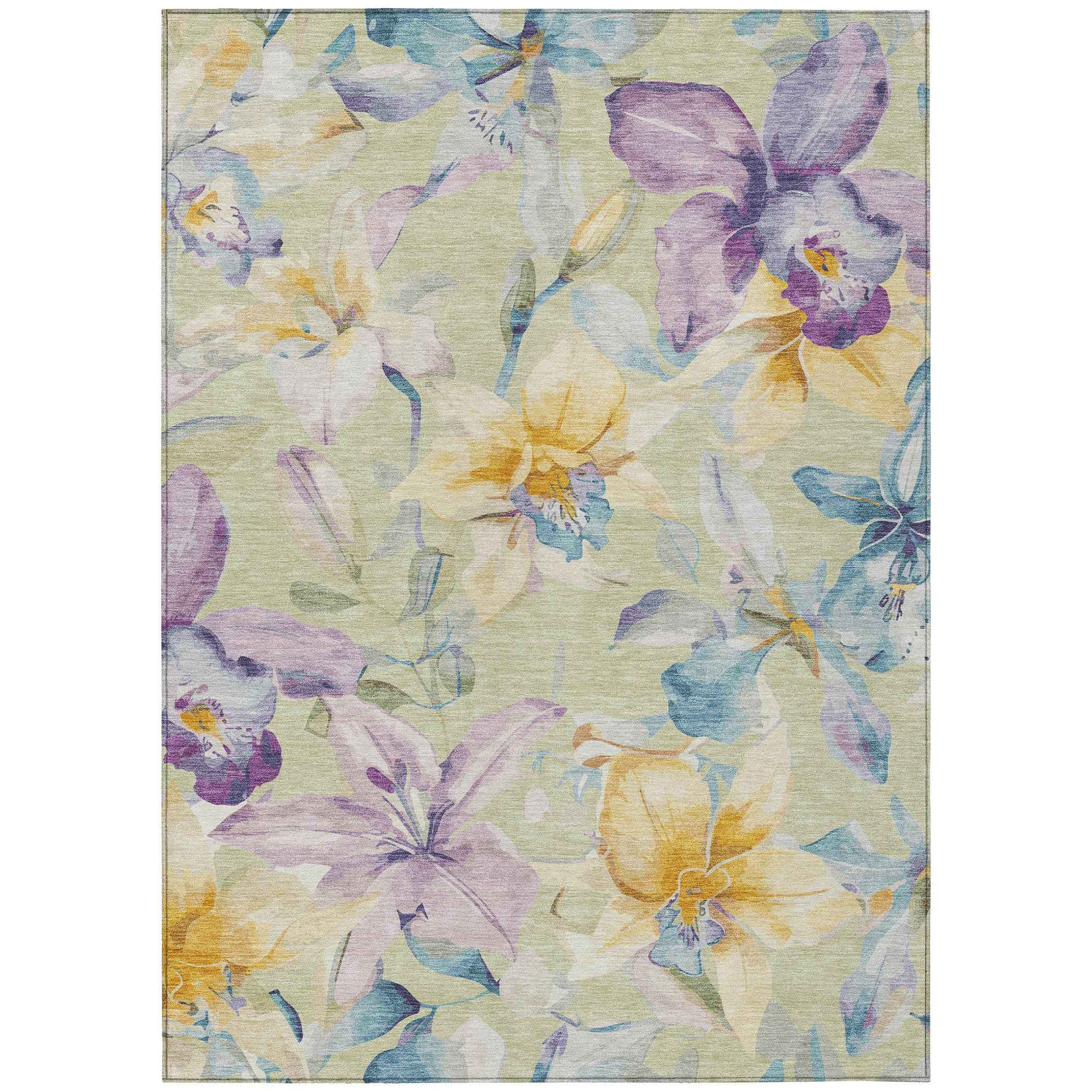 10' X 14' Artichoke Green Gold And Lavender Floral Washable Indoor Outdoor Area Rug