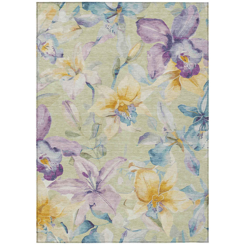 10' X 14' Artichoke Green Gold And Lavender Floral Washable Indoor Outdoor Area Rug