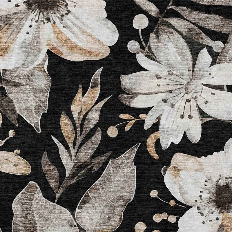 8' X 10' Black Ivory And Gold Floral Washable Indoor Outdoor Area Rug